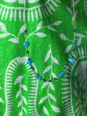 Vintage Blue Glass Bead Cat’s Eye Wire Choker Blue Enamel Hoop Earrings