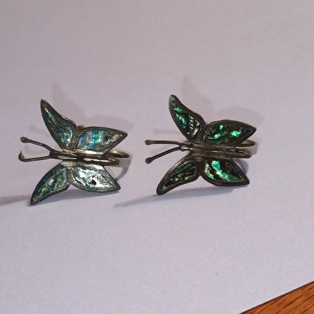 Vintage Butterfly Abalone Shell Screw Back Earrings Silver Green Blue
