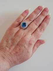 Vintage Art Deco London Blue Topaz CZ Halo Cocktail Ring Size 7 Sterling Silver