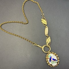 Vintage 12k Gold Filled Pocket Watch Chain FOB, Dog Clip, Guilloche Bluebird
