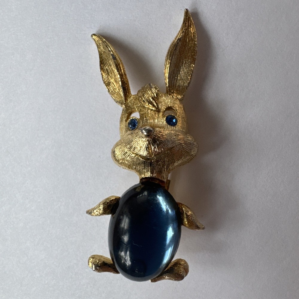 Jelly Belly Lind Gal Rabbit Brooch Signed LG Vintage Bunny Gold Tone Blue Stones