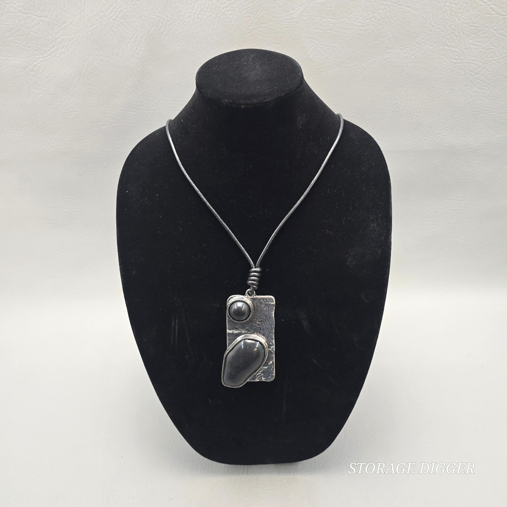 Vintage Silver Tone Metal with Black Onyx Pendant on Cord Necklace 31″ Long