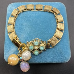 Vintage Faux Opal, Flower Panel, Japan Glass,onNew Victorian Book Chain Bracelet