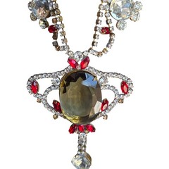Vtg Signed Husar D Czech Glass Festoon Necklace Green Center Red Accent Stones