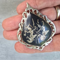 Vintage Thai Siam Niello Silver Brooch Mekhala Ramasoon Goddess Thunder Black