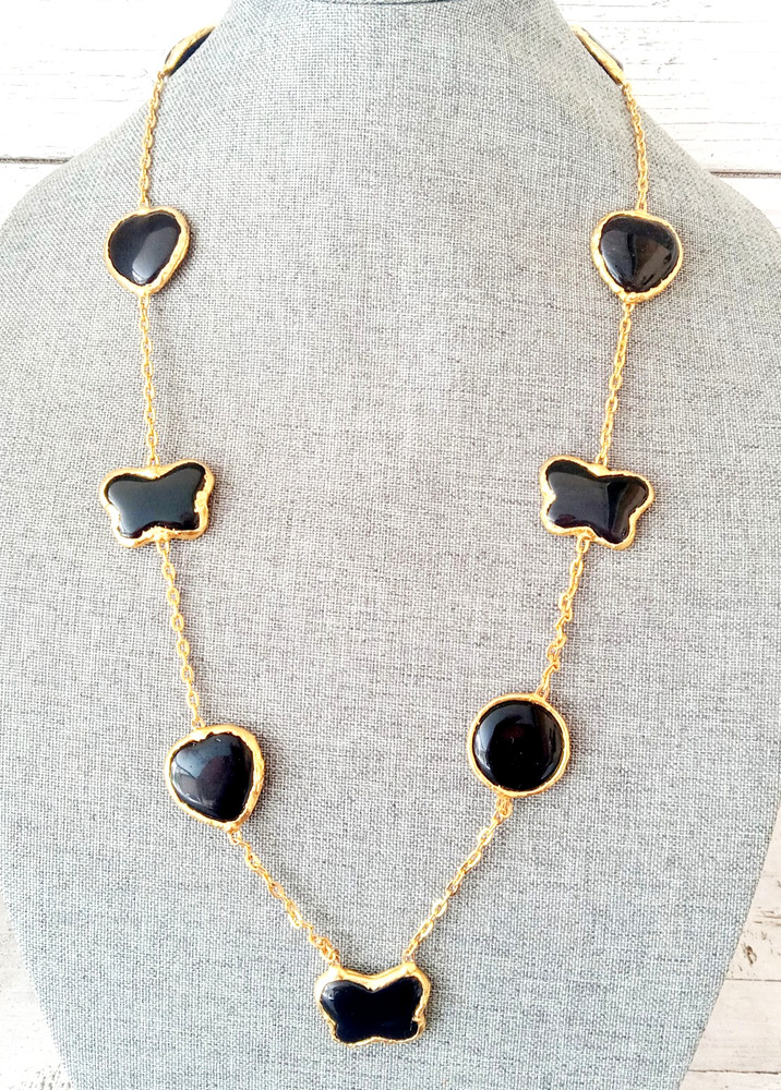 Vintage Chunky Poured Black Glass Station Necklace