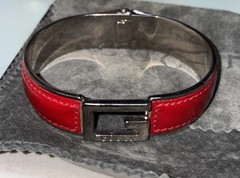Rare GUCCI Bangle Vintage Red Leather G Logo Open Cuff Bracelet Adjustable
