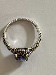 Simulated Square Blue Sapphire Stone Ring Scrolls & Beading on Band Size 8