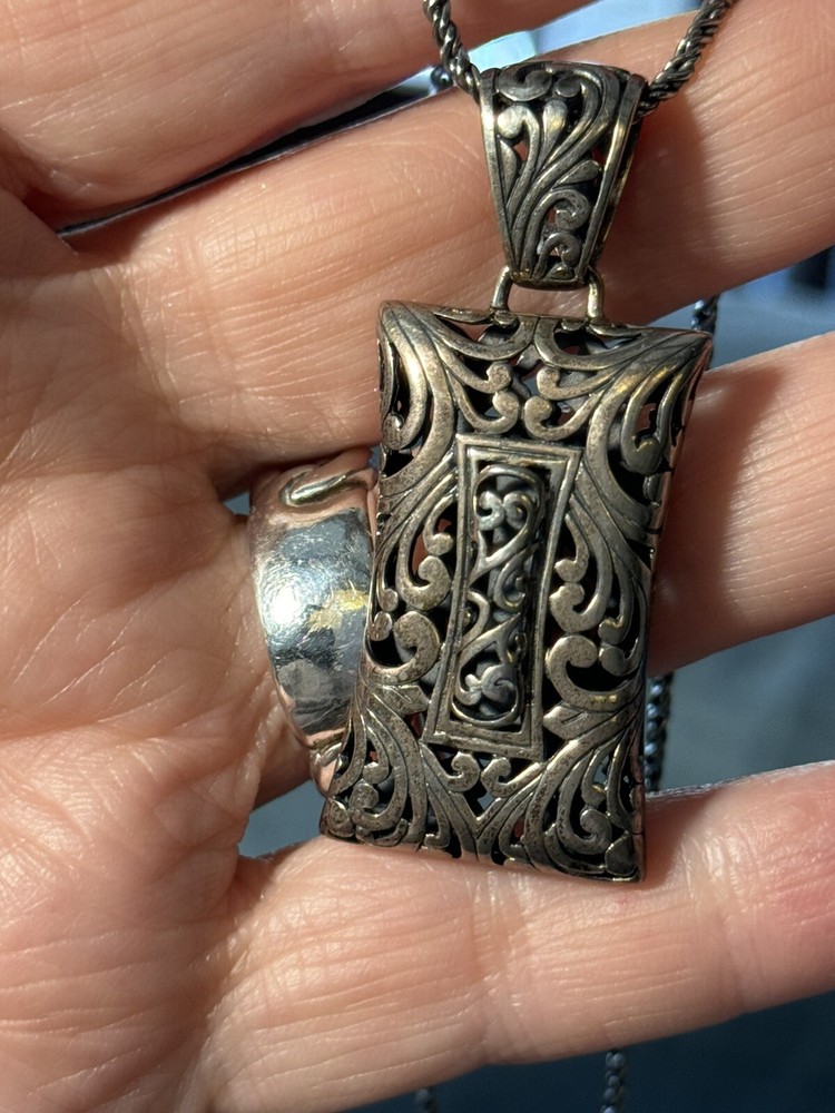 Art Nouveau Necklace 925 Sterling VTG 3/4 In Bale 17.5 In Drop 1.5 In Pendant