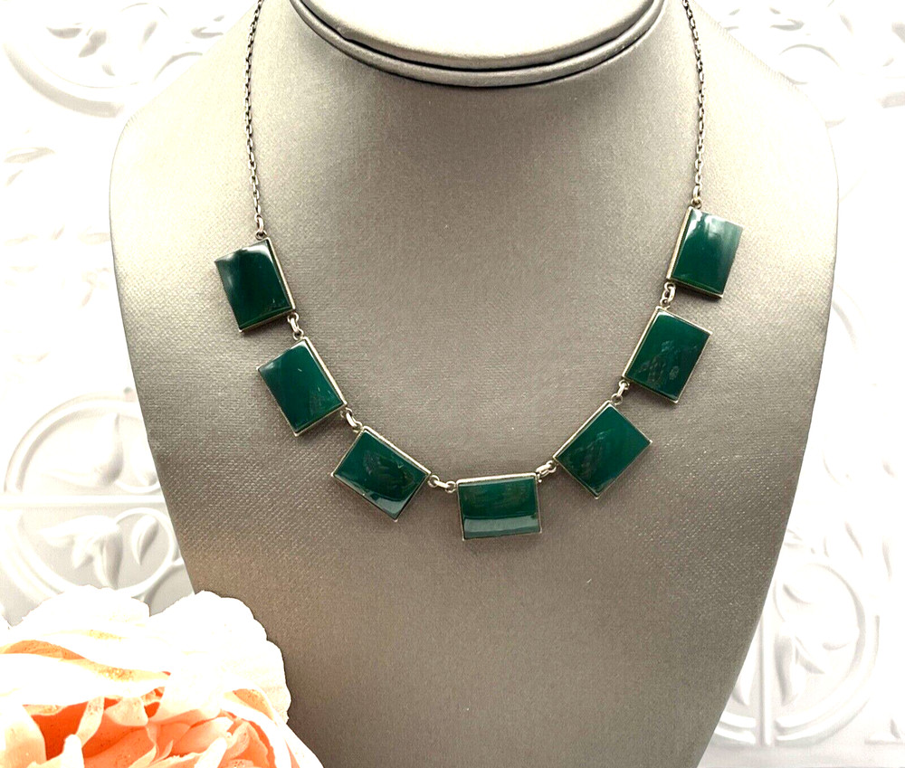 Vintage Art Deco Chrysoprase Open Back Bezel Sterling Collar Necklace 15.5″