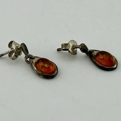925 Sterling Silver Amber Color Cabochon Teardrop Dangle Post Earrings 90s VTG