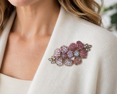 Vintage Brooch Estate Jewelry Cognac Crystal Pave Art Glass Camelia Flower Rose