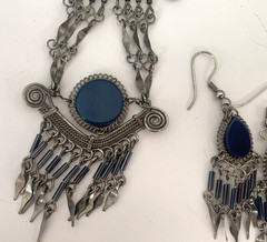 Vintage Peruvian Alpaca Metal Necklace & Pierced Earring Set Dangles Blue Stone
