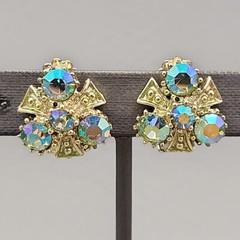 Vintage Rhinestones Earrings Clip On Aurora Borealis Climber Gold Tone 3/4″