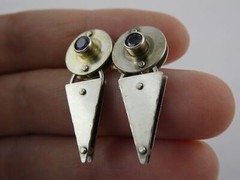Vintage IC Signed Handmade Sterling Silver Iolite Modernist Earrings 925 1.25 In