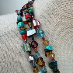Three Strand Glass, Stone, Turquoise, Mother of Pearl Beaded Necklace 17.5-20.5″