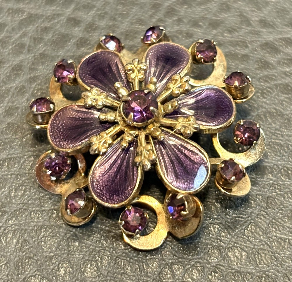 Vintage Faux Amethyst Guilloche Enamel Rhinestone FLOWER Shaped Pin Brooch