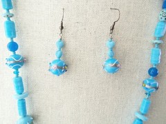 Vintage Sky Blue Wedding Cake & Mixed Shape Art Glass Bead Necklace & Earrings