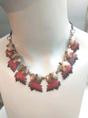 Vintage Enameled Red Copper Leaf Necklace & Earring Set Renoir/ Matisse Style