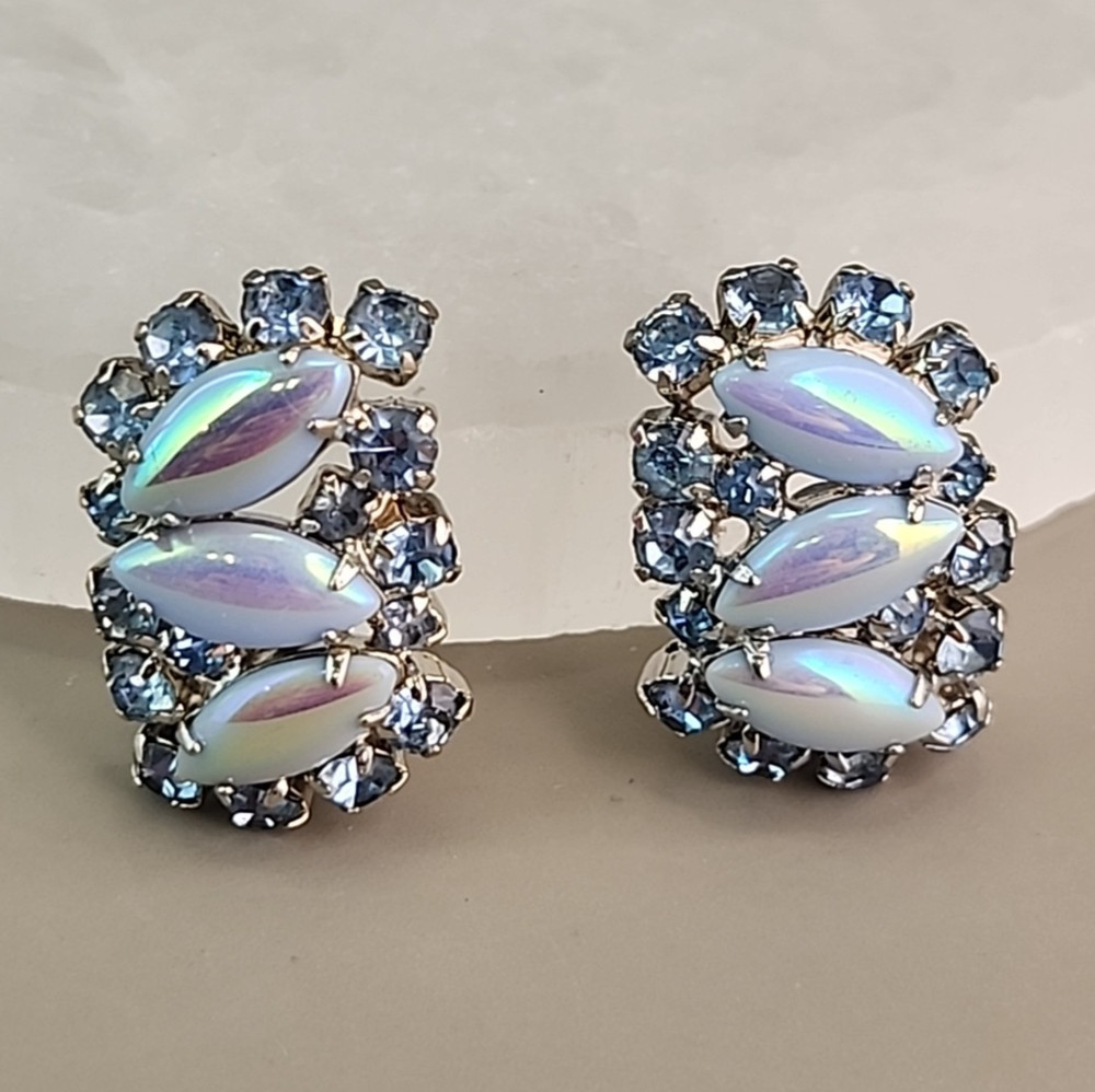 Vintage Rhinestone Clip On Earrings Blue AB Marquise Silver Tone 1.25″