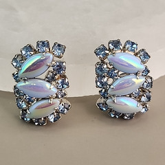 Vintage Rhinestone Clip On Earrings Blue AB Marquise Silver Tone 1.25″