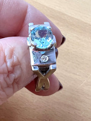 VINTAGE 14K WHITE GOLD AQUAMARINE DIAMOND RING MODERNIST DESIGNER SETTING ITALY