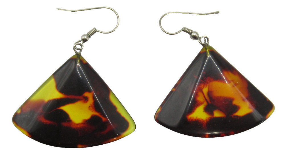 Faux Tortoise Shell Marbled Brown Yellow Vintage Pierced Earrings Triangles