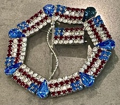 Vtg Dominique Red White (Clear) Blue Rhinestone Patriotic USA Flag Large Brooch