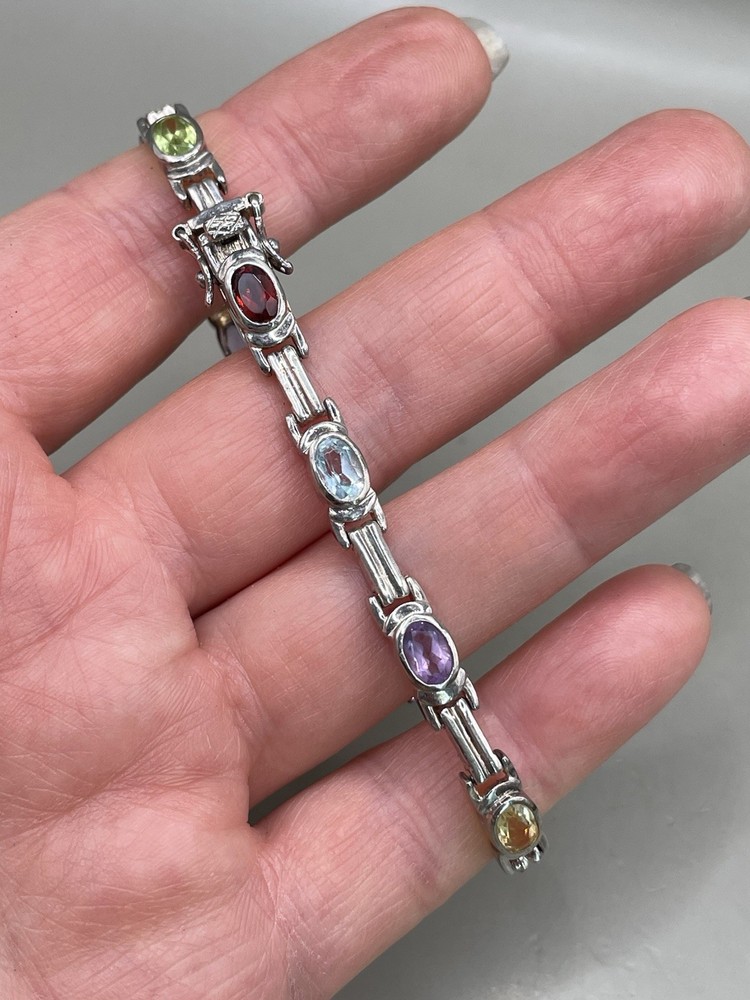 925 Sterling Silver Signed DBJ Genuine Multi Gemstones Tennis 7.25” Bracelet