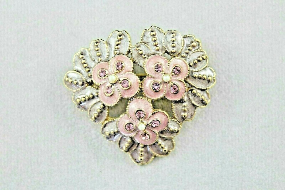 Vintage Money Metal Alloy Floral Brooch Pearlescent Enamel Pink Rhinestone Pearl