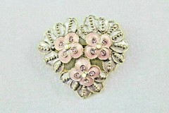 Vintage Money Metal Alloy Floral Brooch Pearlescent Enamel Pink Rhinestone Pearl