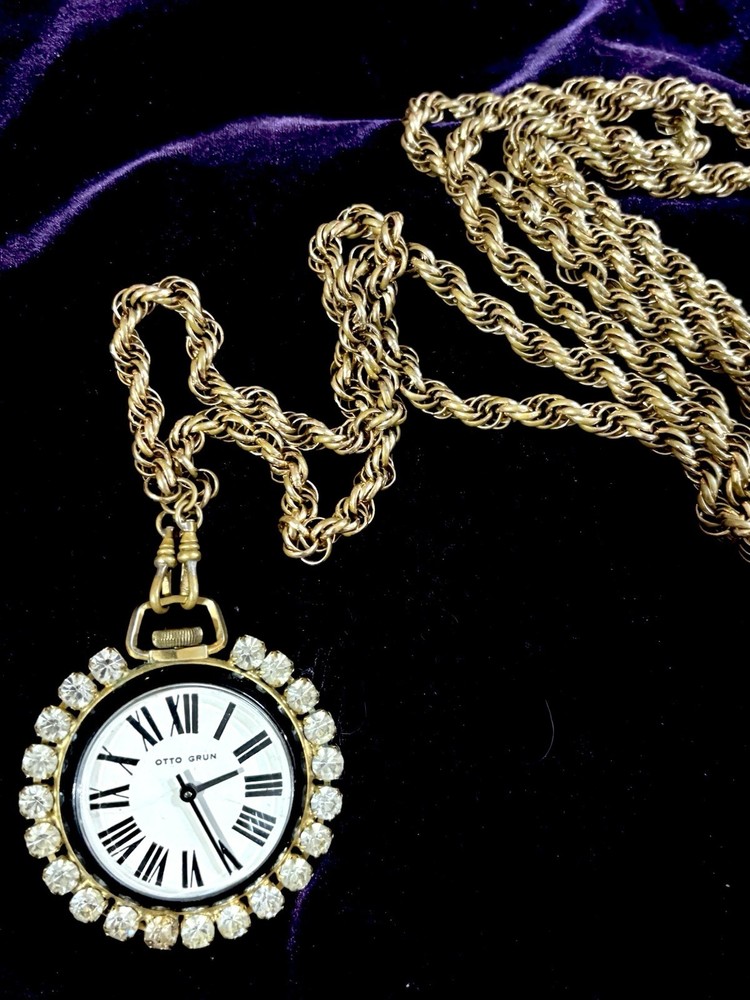 Vintage Huge Otto Grun Mechanical Pocket Watch 62” L. Rope Chain Not Running