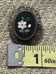 Antique 800 Silver Pietra Dura Floral Mosiac Filigree Oval Brooch