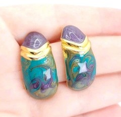 Vintage Enamel Swirl Huggie Stud Earrings Retro Purple Green Statement Jewelry