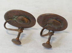 Blue Red Enamel Copper Earrings Round Mid Century Modern Circle MCM Retro Vtg