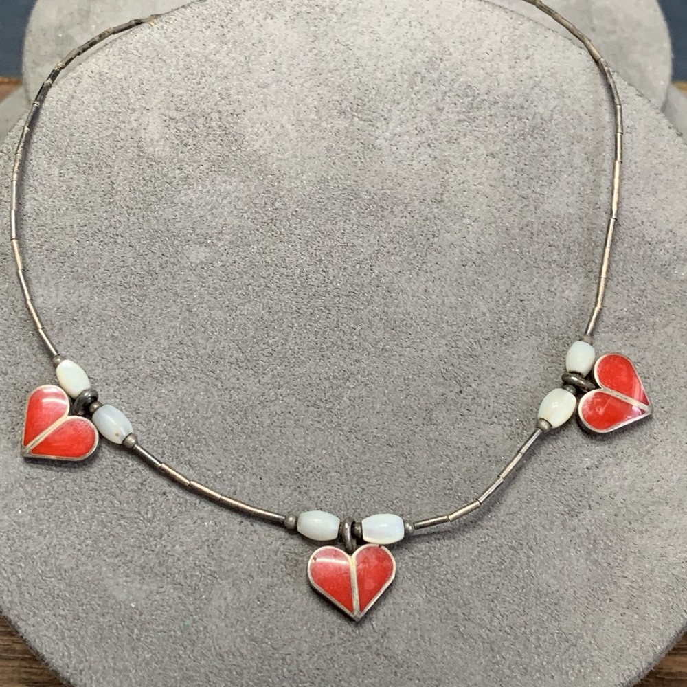 Vintage Triple Heart Choker Necklace Sterling Silver Hearts And Beads, Artisan.
