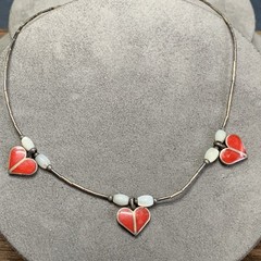 Vintage Triple Heart Choker Necklace Sterling Silver Hearts And Beads, Artisan.