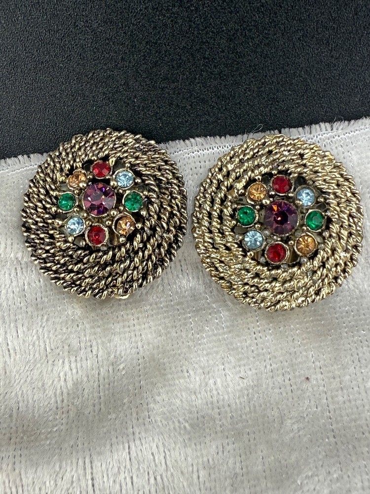 Vintage Judy Lee Clip On Earrings Fruit Salad Rhinestone Gold Tone