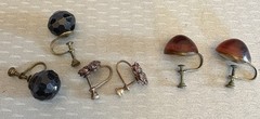 Lot 3 Pair Antique Vintage Brass Screw Back Earrings Faux Jet Amber Rhinestone
