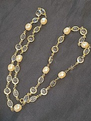 Vintage Clear Faceted Bezel Gold Tone Faux Pearl Classic Elegant Necklace 31″