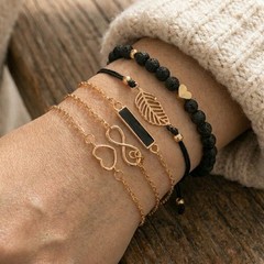 5pc Bohemian Bracelet Set Black Enamel Heart Bead Wrist Chain Women Gold Tone