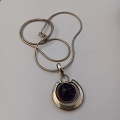 Sterling Silver Minimalist Necklace Modernist Solid Purple Stone Men Women VTG