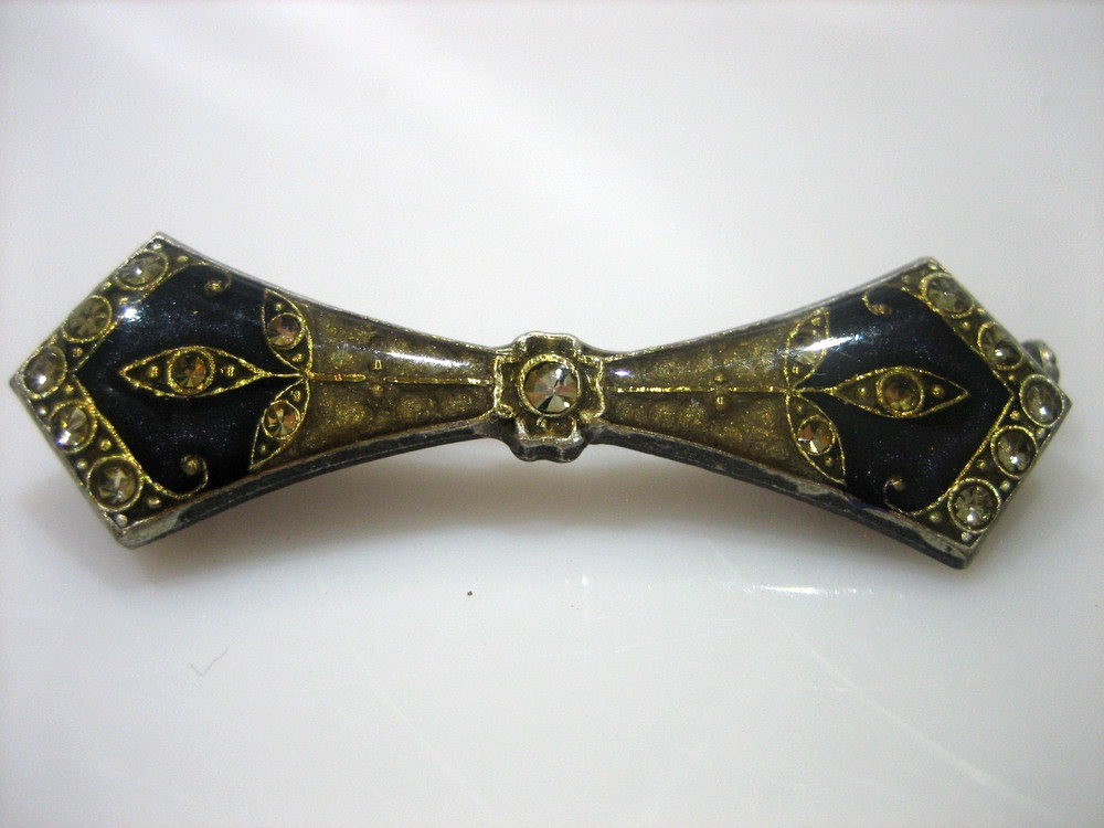 ANTIQUE ART DECO ENAMEL RHINESTONE TROMBONE CLASP BAR BROOCH UNSIGNED