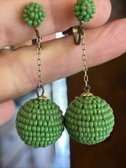 Vintage Green Glass Seed Bead Dangle Drop Clip On Earrings Go Go Style 2”