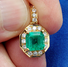 Original EARTH MINED Colombian EMERALD DIAMOND Pendant Deco Halo SOLID 18K GOLD