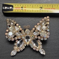 Signed Kramer Rhinestone Butterfly Brooch Clear & AB Gold Tone Vintage 1950s