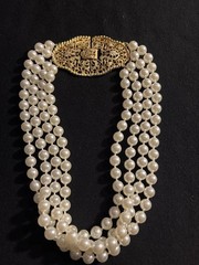 Vintage 1950-1970 Geno Multi-4 Strand Faux Pearl Necklace Gold Tone Clasp