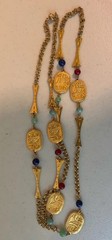 Vintage Egyptian Revival 46” Art Glass Bead & Hieroglyphic Tablets Necklace WOW!
