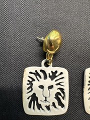 Anne Klein Earrings Gold White Square Lion Head Logo Pierced Dangle Vintage