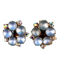 Vintage Clip On Earrings Baby Blue AB Rhinestone Frosted Glass Cabochon Stones